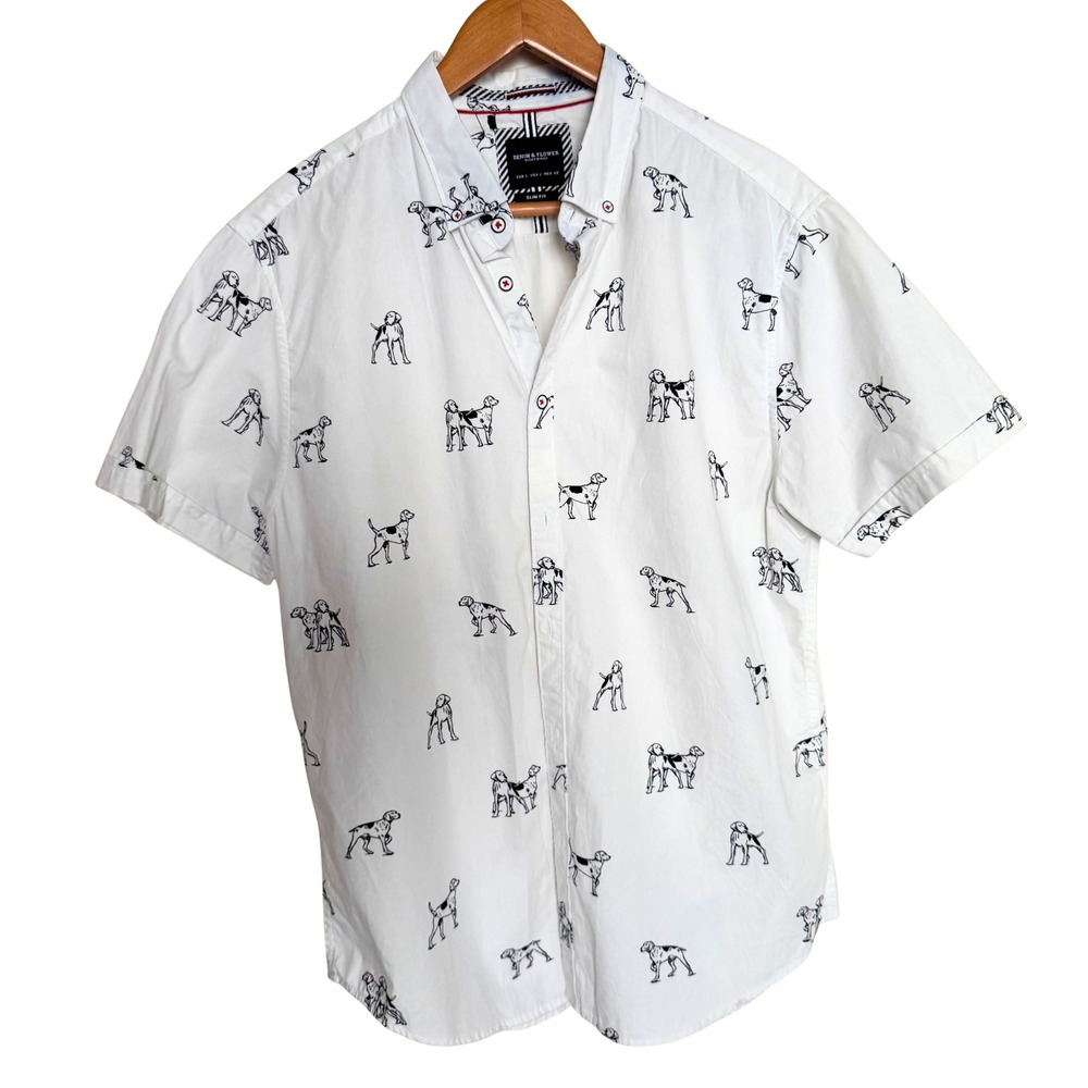 Denim & Flower Ricky Singh Mens Large Slim Fit Dog Print Button Down Shirt White